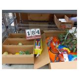 Basketball items, plastic fruit, art supplies