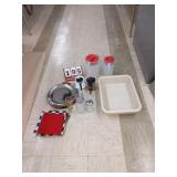 Dish tub, pictures, glass decanter,, cloth napkins