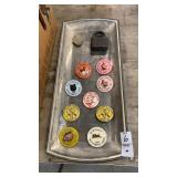 Tray of club pins, padlock and arrowhead