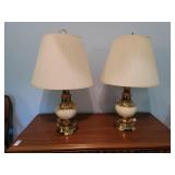 Pair of brass and glass lamps with shades nice