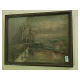 Church print with ornate wood frame