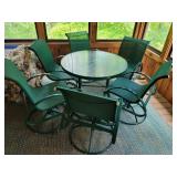 7-piece patio set, green, 6 swivel rocker chairs