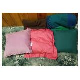 3 accent pillows and a 2 tartan blankets