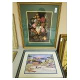 Lot of 2 framed prints: one floral with green