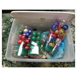 Plastic bin of Christmas ornaments