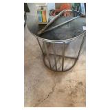 Metal table with postal scale and saw