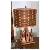 Large cypress wood lamp with woven wood shade