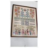 Framed handwork cross-stitched verse flowers