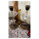 Nouveau Hand painted glass candlesticks pair,