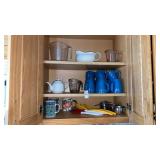 3 shelf lots kitchen mugs measure cups utensils