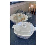 Corning ware casseroles, gold leaf juice glasses,
