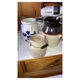 3pcs pottery baled crock w/lid pitcher jar