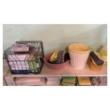 Shelf lot of towels, crate , sponges