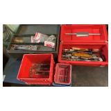 Two tool boxes with contents and basket of drill