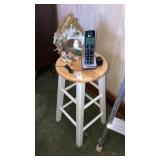 Wooden stool, cordless phone, decor birdhouse