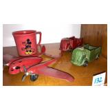 Auburn rubber trucks, metal plane, Mickey Mouse