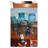 Blue canning jars, mini bottles