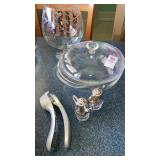 Lot etched snifter, Pyrex clear casserole