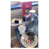 Kitchen lot cracker tin, fire king creamer hot