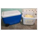 Chest cooler on wheels, laundry basket, scrub