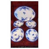Flow blue large platter and 4 plates England