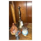 Brass schoolmasters bell, brass goat snuffer,wood