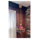 Brass electrified Hanging oil lamp w/ cranberry