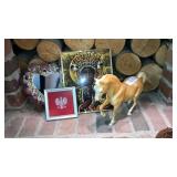 Plastic horse, shell mirror, icon, framed