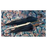 Lot of 3 old umbrellas wood handles carved horn