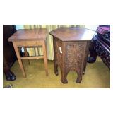 2 wooden stands, square oak & carved hexagonal