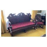 Dragon-carved mahogany sofa and rocker w/velvet