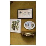 3 Victorian prints & small wall shelf
