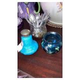 Aqua milk glass shaker, hand painted piece,