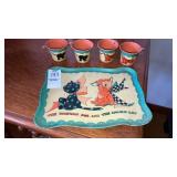 Ohio Art tin litho toy tray & 4 cups