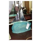 Aqua satin glass TV lamp w/sailboat