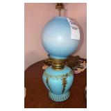 Miniature blue satin glass oil lamp 9-1/2" tall