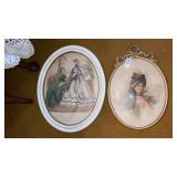Metal oval framed lady & antique fashion print