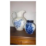 Ironstone pitcher, flow blue jar