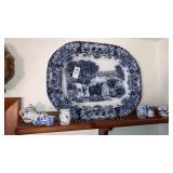 Wedgwood England Flow blue pastoral scene