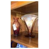 Art glass vase, amber hand painted fan vase