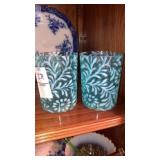 Pair antique Aqua Glass opalescent daisy tumblers