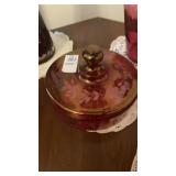 Ruby glass etched divided mint dish w/lid