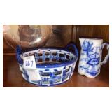 Blue & white basket and mini flow blue pitcher