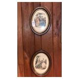 Pair of oval framed antique fashion prints 10"