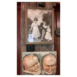 Chalk ware crying babies plaque, framed children