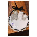 Milk glass plate with kittens in relief