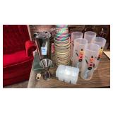 Lot of vintage bar ware shaker rattan cup holders