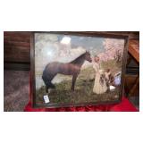 Framed print girl, her collie dog and horse