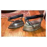 2 miniature sad irons w/wooden handles 4" long