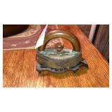 Miniature sad iron w/wood handle & cast trivet